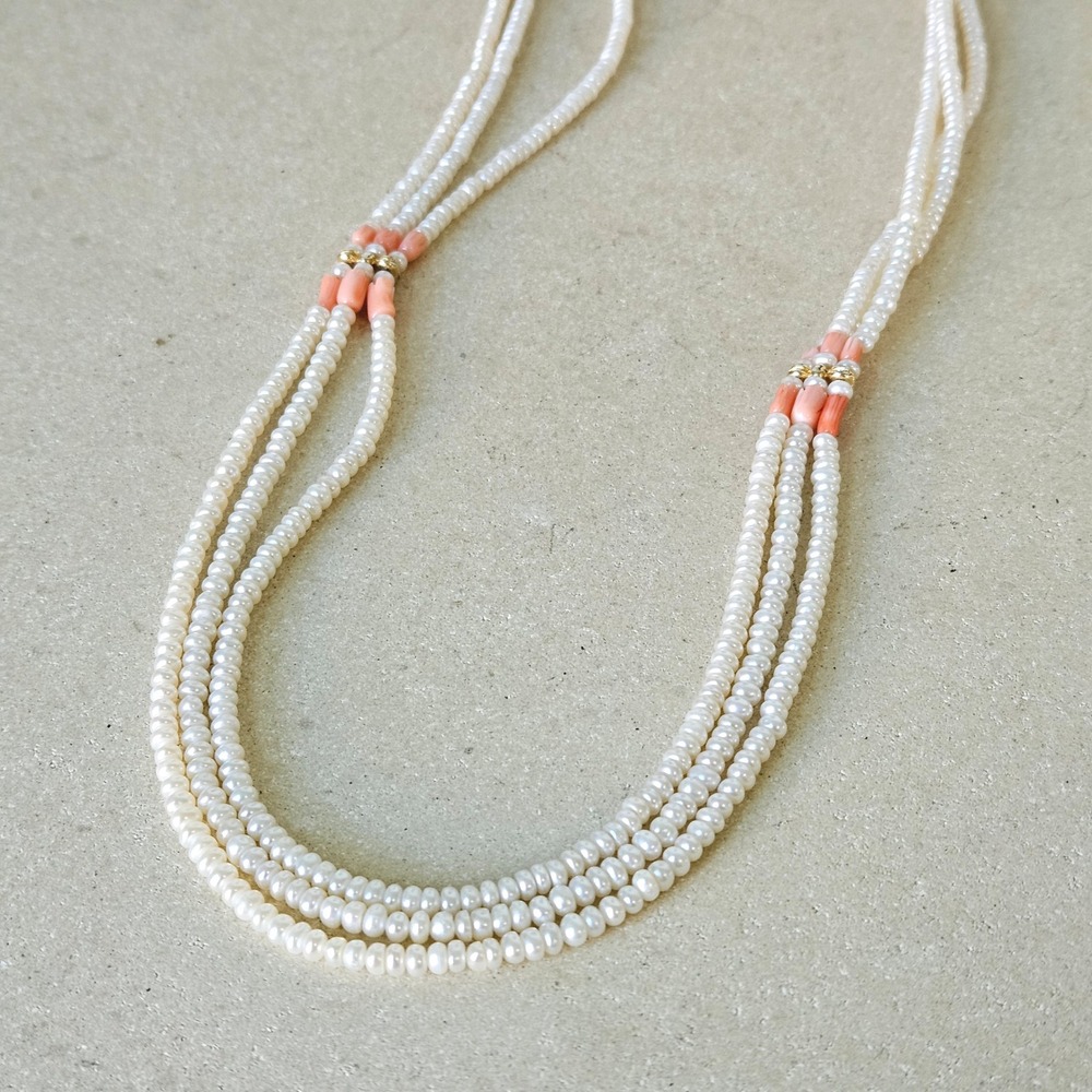 Vtg 1920s Multi Strand Cultured Seed Pearl and Coral Branch Long Necklace